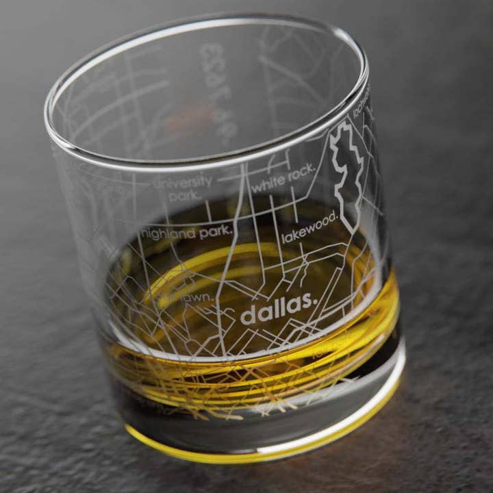 Well Told - Wholesale Cocktail/Liquor Glass - Dallas, TX City Map - Etched Whiskey Rocks Glass2