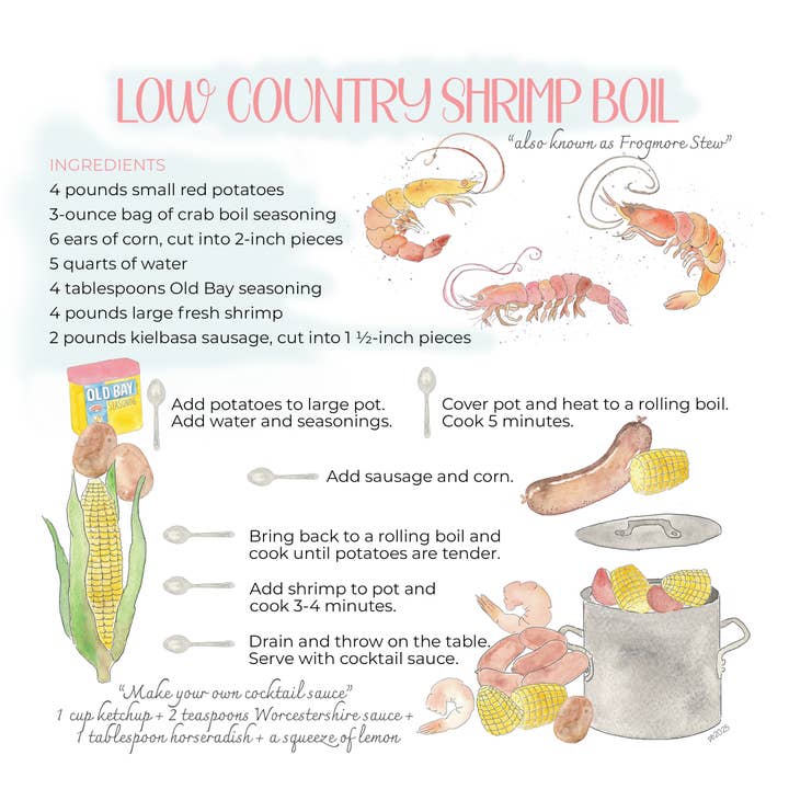 Shrimp & Grits Hand-painted Illustrated Recipe - Art Print for wholesale by Molly Joseph Fine Art