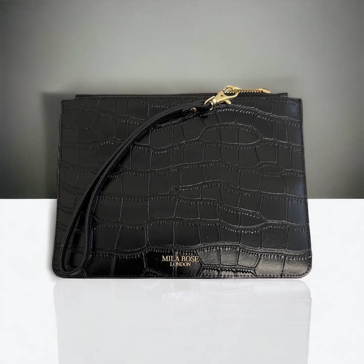 Mila Rose London - Vente Pochette – femme - Pochette en cuir noir imprimé crocodile Cadeau de Noël6