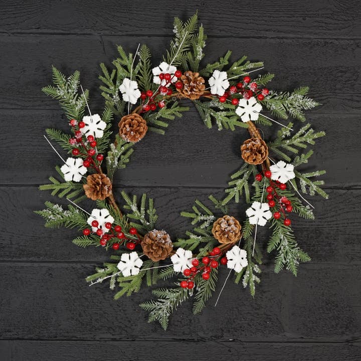 32150-20in(11)Wreath-Snowy feather pines w. snowflakes for wholesale by Holiday Depot Inc.