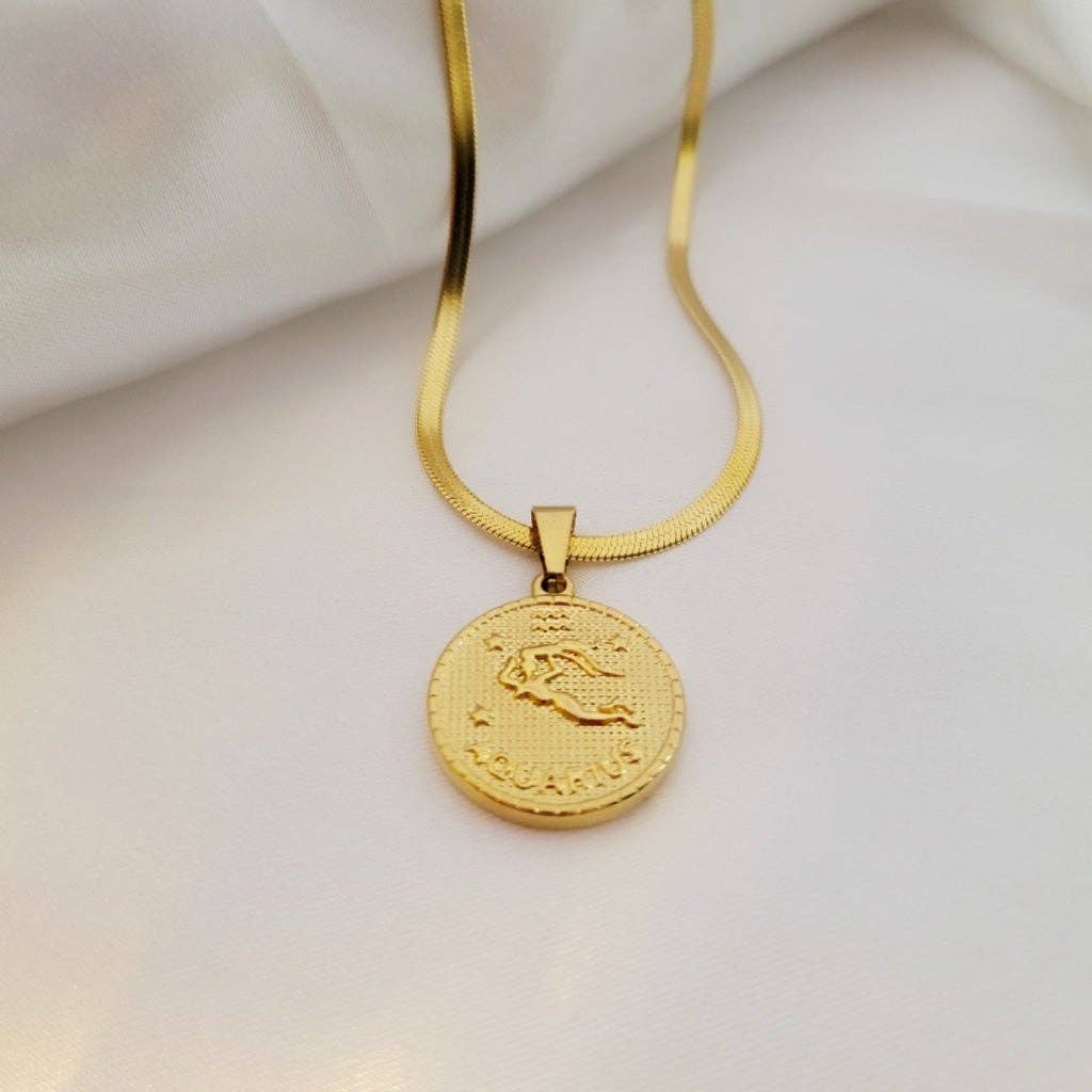 The Casson Collection - Wholesale Pendant/Charm Necklace - Aquarius Zodiac Coin Necklace1