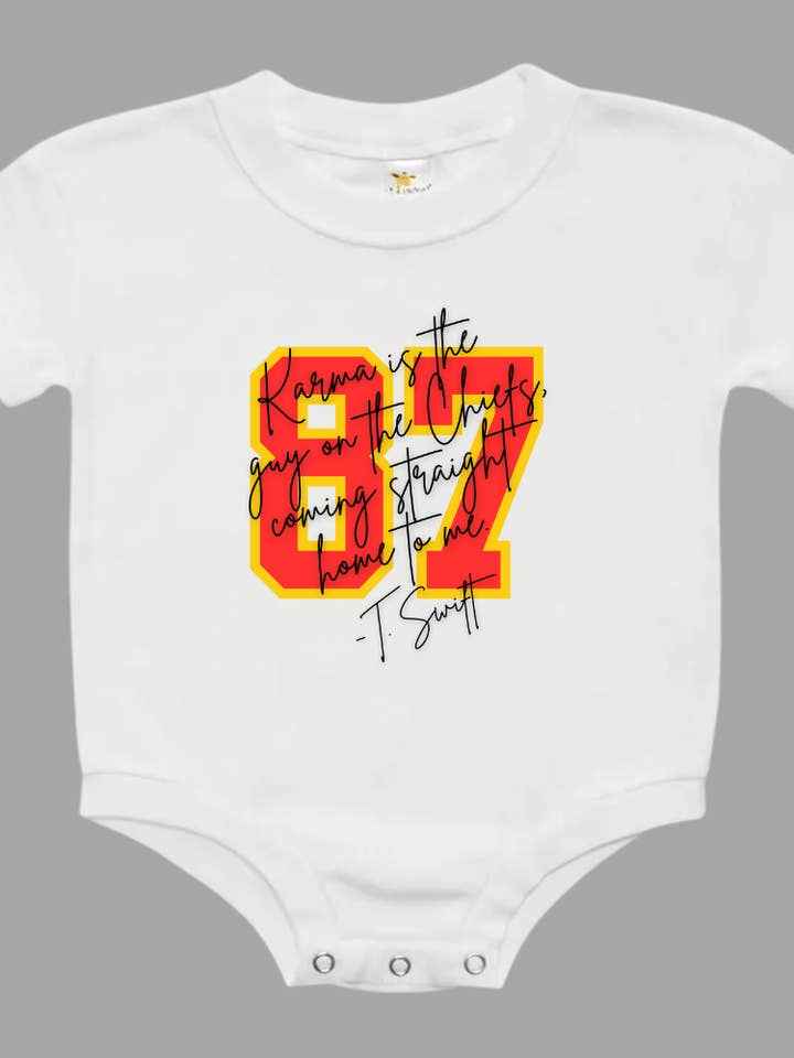 87 Karma Is The Guy On The Chiefs NFL X Taylor Bubble Romper for wholesale by Uncommon Label