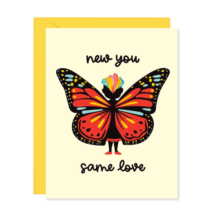 Nya du, samma kärlek | Fjäril HBTQ+ Transstöd Kort för wholesale av Lucy Loves Paper