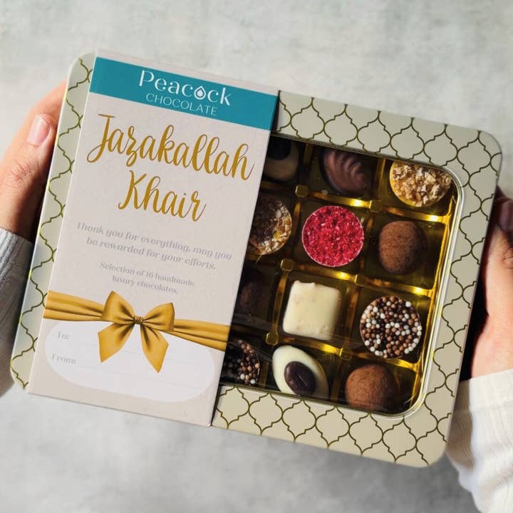 Luxury Chocolate Selection Gift Tin (16pk) - Jazakallah Khair for wholesale by Peacock Supplies