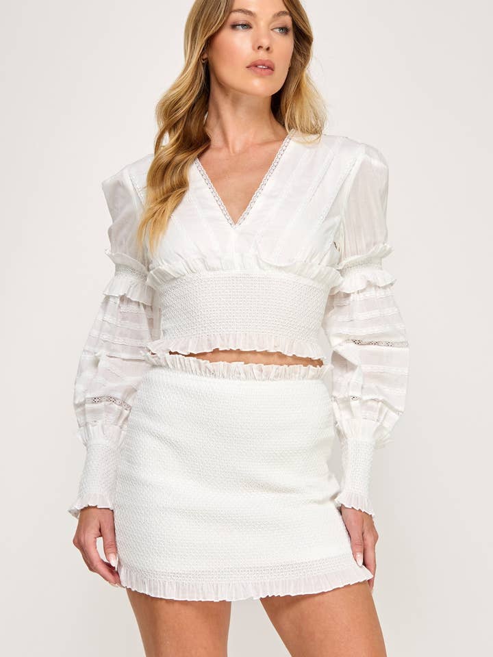 Smock Bomuld Gennemsigtig Blonde Flæse Mini Nederdel Top Sæt for engroshandel hos Vestis M