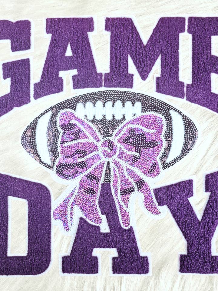Game Day Purple Chenille Sequin Football Iron-on Patch for wholesale by Scratch Decor