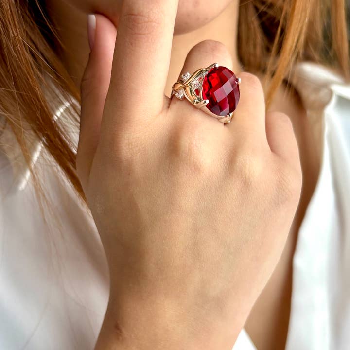 Solid 925 Silver Ring with Red Ruby-Style Stone and 10K Gold for wholesale by QURI