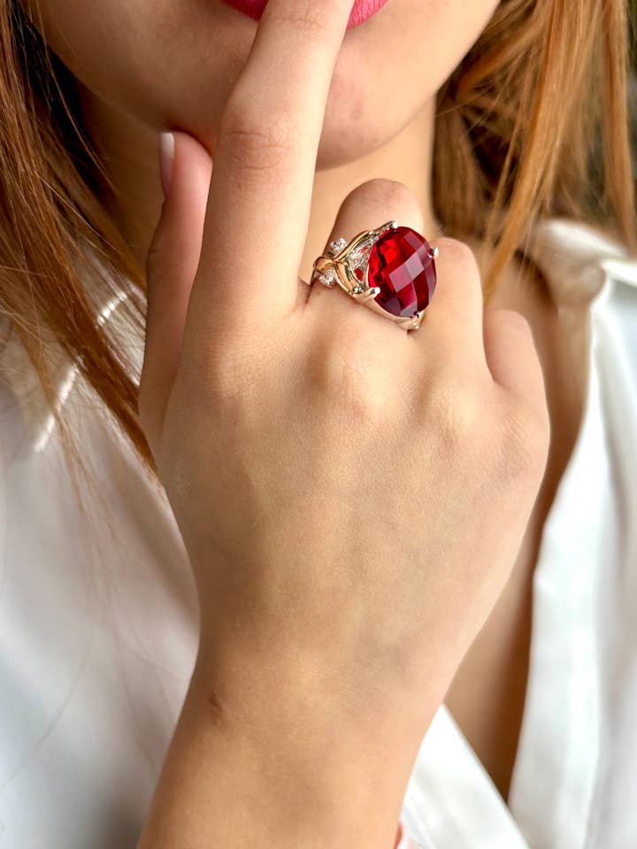 Solid 925 Silver Ring with Red Ruby-Style Stone and 10K Gold for wholesale by QURI