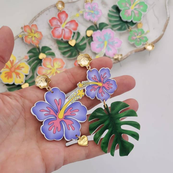 Pampa Mia - Wholesale Dangle Earrings - Hibiscus Flower & Leaf Earrings2