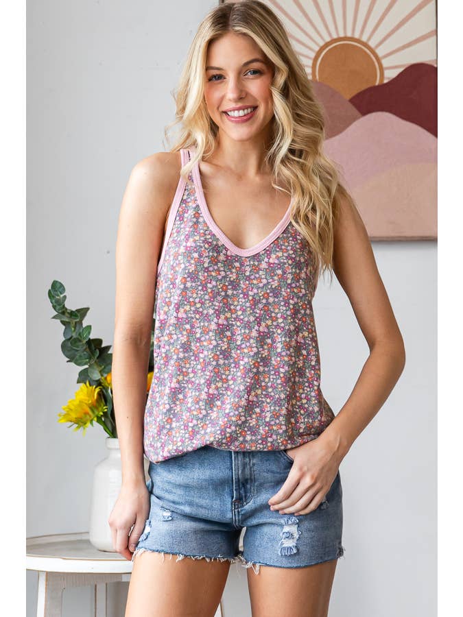 7th Ray - Venta al por mayor Camiseta sin mangas - Mujer - TOP DE TIRANTES CON ESCOTE EN V Y CONTRASTE SÓLIDO FLORAL DITSY T594910