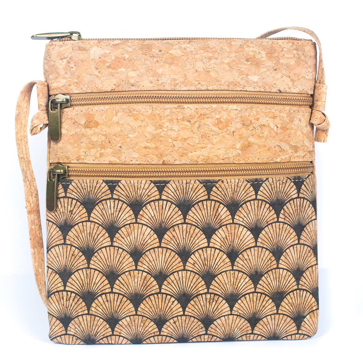 Meninas Bonitas Cork - Wholesale Crossbody Bag - Women's - Natural cork Patterned double zipper crossbody bag BAG-22650