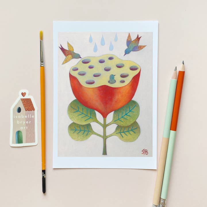 Isabelle Bryer Art - Wholesale Everyday Greeting Card - Heart of Poppy Card – Surreal Birds & Bloom, 5"x7" Art