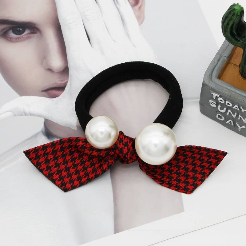ACCITY - Wholesale Scrunchie - Women's - Pearl Lace Houndstooth Bow Hair Tie_CWAHA080497