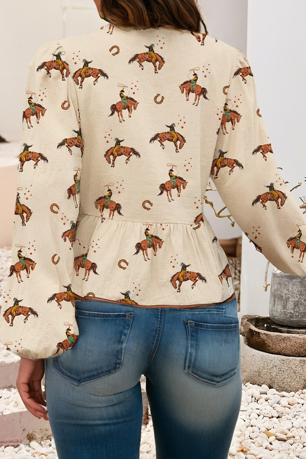 Apricot LDC Western Rodeo Print Tied Front Puff Sleeve Peplum Top for wholesale on Faire1