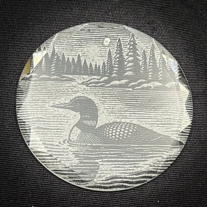 Adirondack Etching LLC - Wholesale Ornament - Loon Scene 3 1/4" Round Clear Glass Ornament2