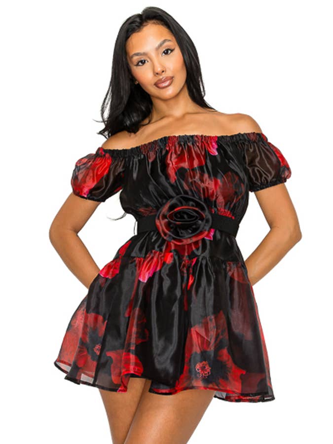 Miss Avenue - Vente Robe – femme - DM3812 ORGANZA FLORAL À ÉPAULES DÉNUDÉES AVEC ROBE CEINTURÉE