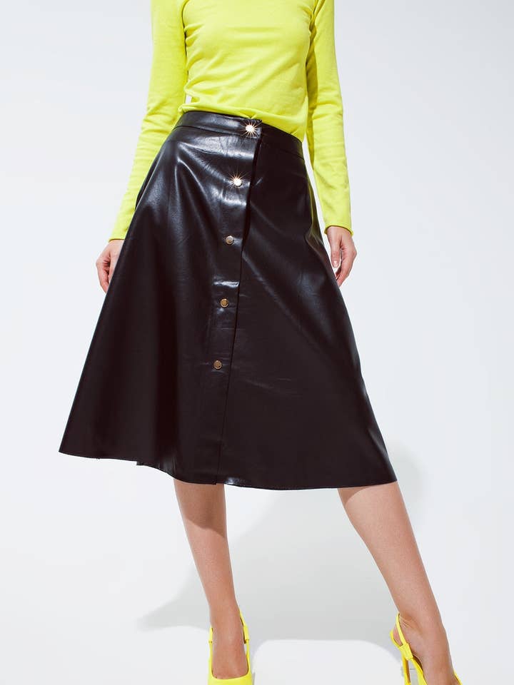 Midikjol i svart läderimitation med knappar för wholesale av Q2—All Orders:Free Duties for the US,UK,and Canada