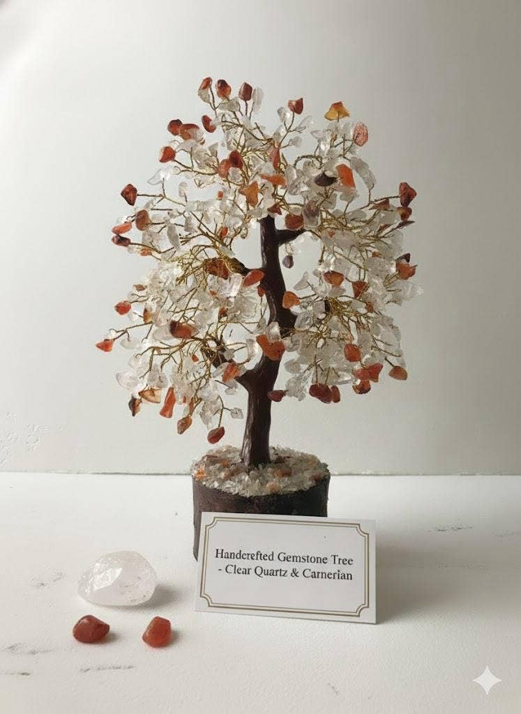 jiomind – Pedra/cristal espiritual por atacado – Árvore de pedra preciosa de quartzo transparente+cornalina (500 chips, fio dourado)