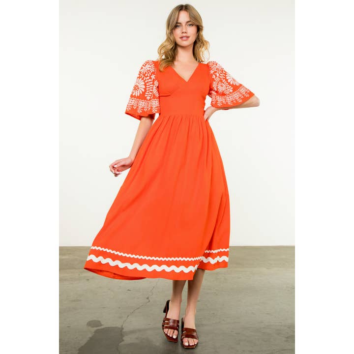 Embroidered Flutter Sleeve Midi Dress for wholesale by THML