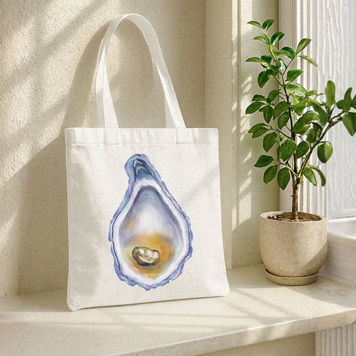 Canvas Tote Bag with Oyster Illustration for wholesale by MerikaArt