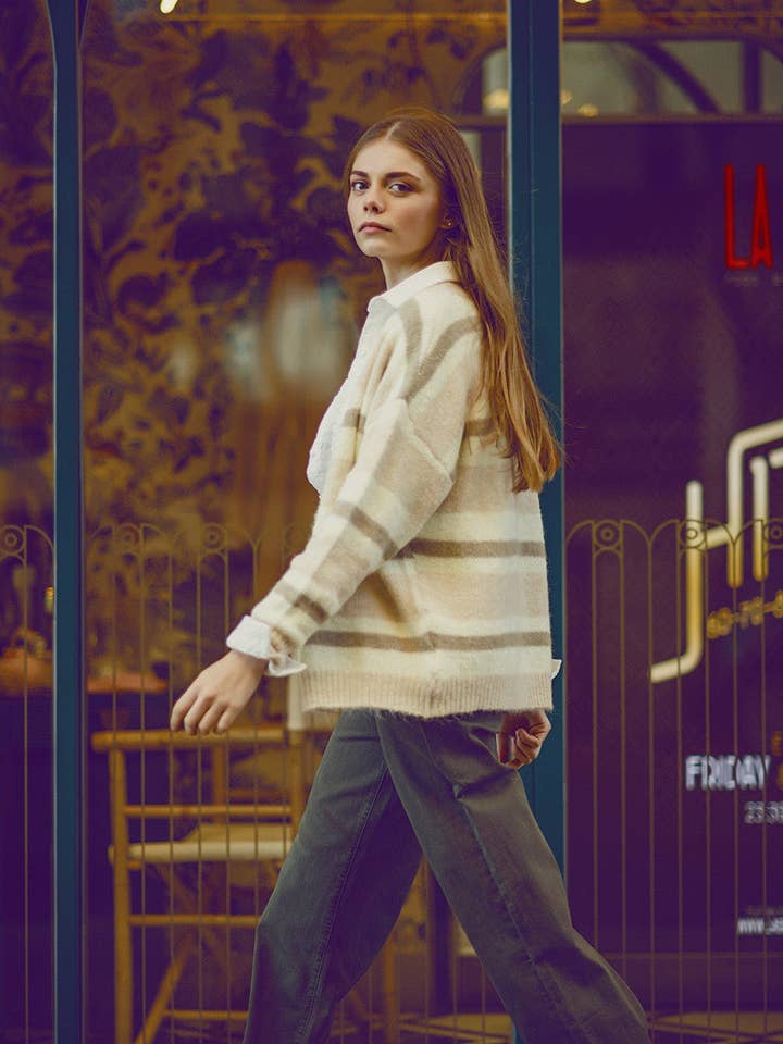 beige striped fluffy cardigan for wholesale by Q2—All Orders:Free Duties for the US,UK,and Canada