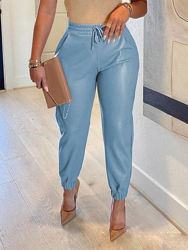 Blak Wardrob - Wholesale Pants – Women's - Women's Solid Color Faux Leather Drawstring Pants