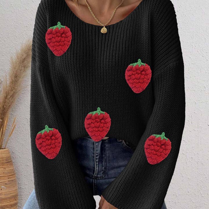 Masyal - Wholesale Knit Sweater - Women's - Off-shoulder Women's Sweater with 3D Strawberry Patchwork