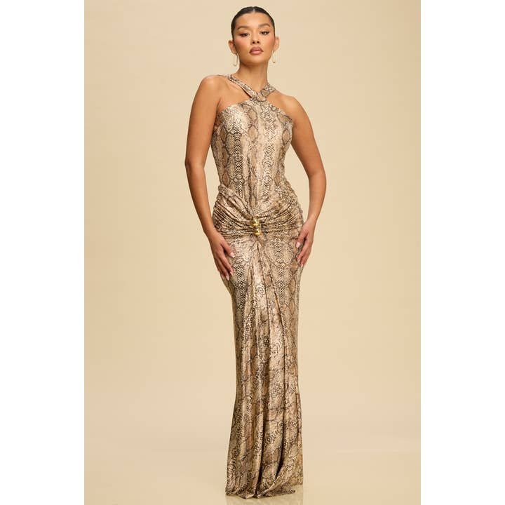 ROBE DRAPÉE EN FEUILLE D'OR AVEC BORDURE DORÉE pour la vente par Luxxel