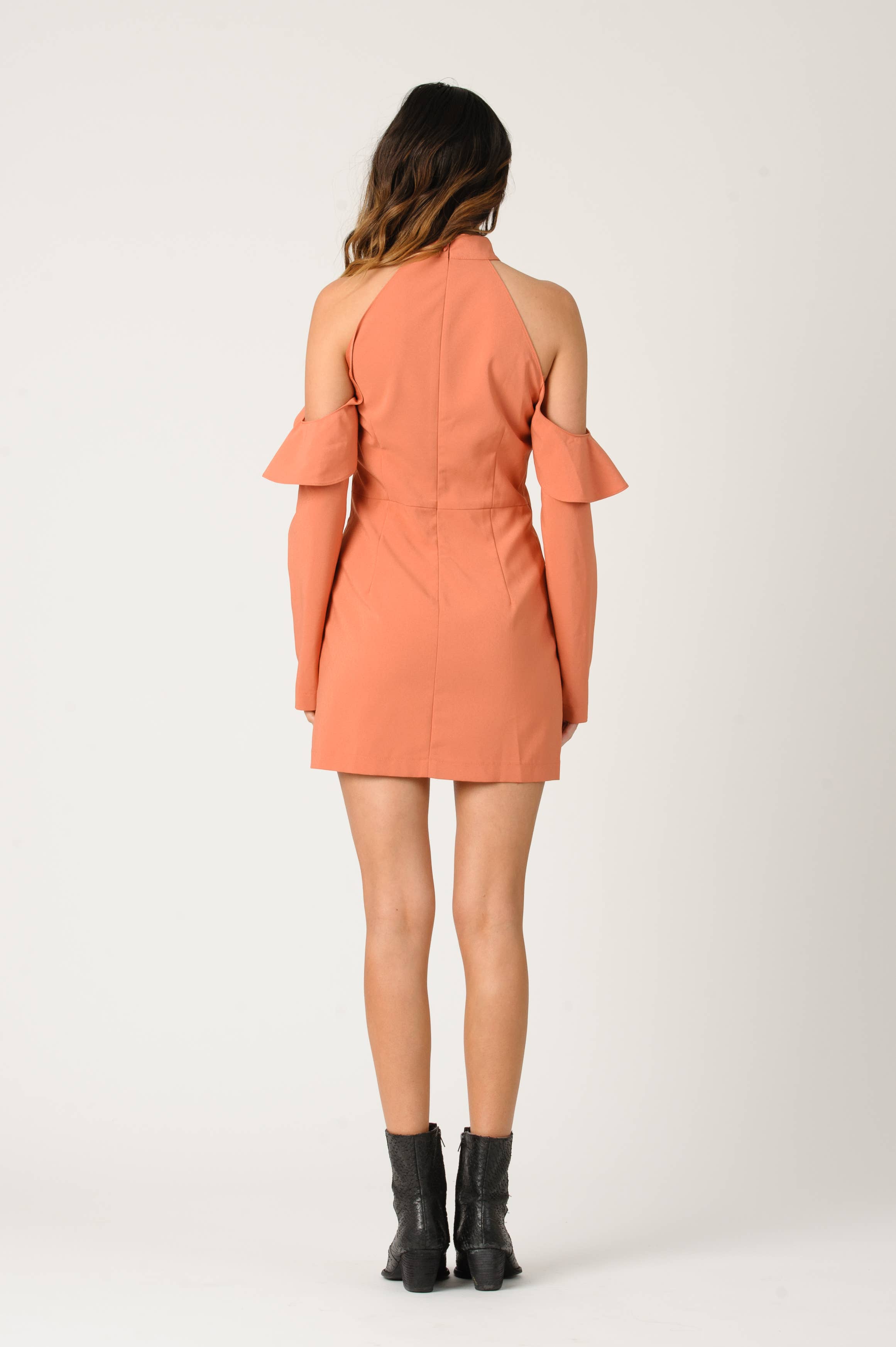 Terracotta Fall ROBIN COLD SHOULDER RUFFLE DRESS-TERRA COTTA for wholesale on Faire2