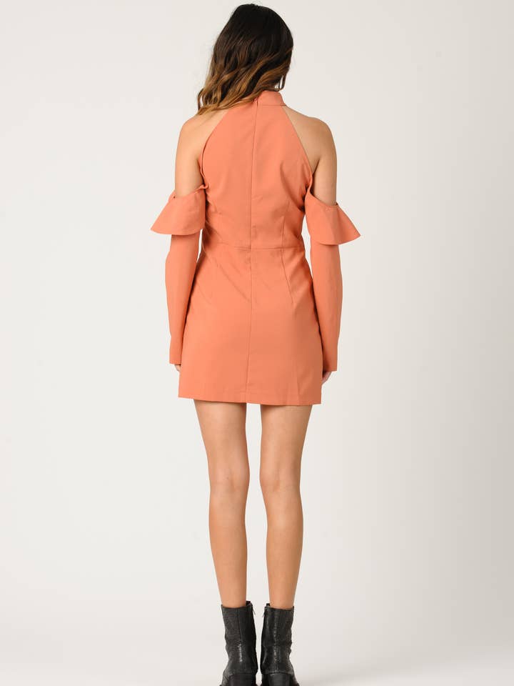 Terracotta Fall ROBIN COLD SHOULDER RUFFLE DRESS-TERRA COTTA for wholesale on Faire2