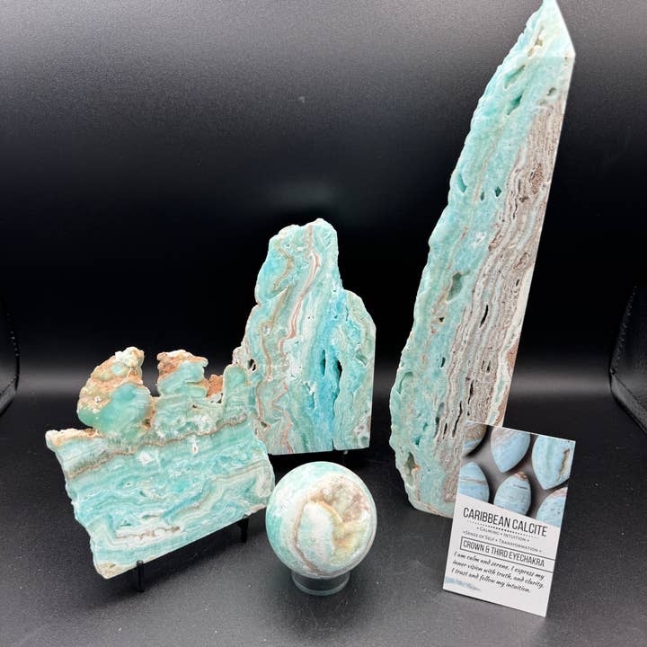 4 stk. Caribisk calcit pladesfære tårnbundt G920 for engroshandel hos The 7 Directions