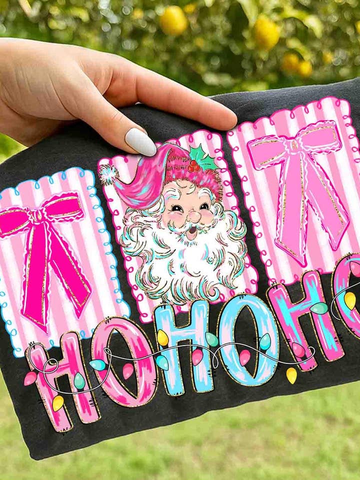 NVC Ecommerce LLC - Wholesale T-shirt (graphic) – women's - Ho Ho Ho Coquette Shirt, Pink Santa Claus Christmas Sweater1