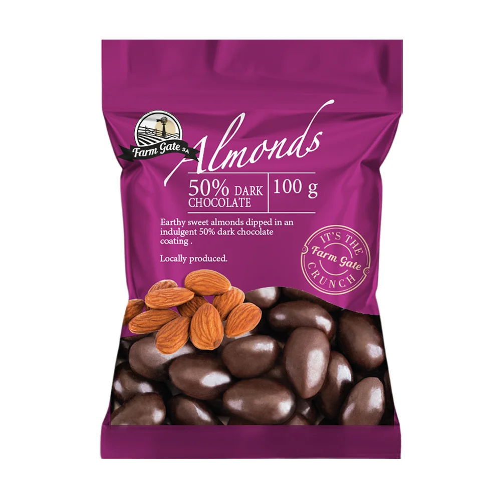 My Phoods – wholesale Chocolate-covered sweets – Farm Gate Dark Chocolate Coated Almonds 100g Bag0