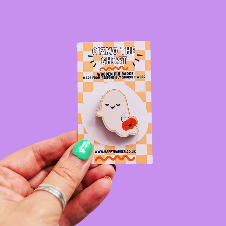 Cute Ghost Pin Badge | Halloween Wooden Pin Badge and other Purchase Wholesale pin badge display. Free Returns & Net 60 Terms on Faire trending on Faire.