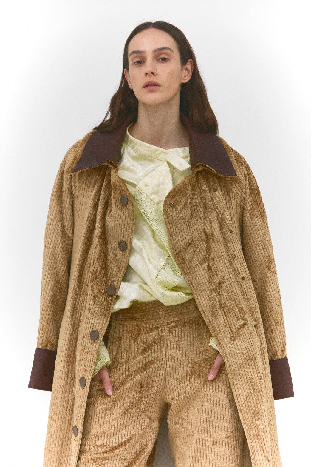 SUNDAY LIFE - Wholesale Coat - Women's - Aurèle – Long coat with ribbed stripes and leather collar3