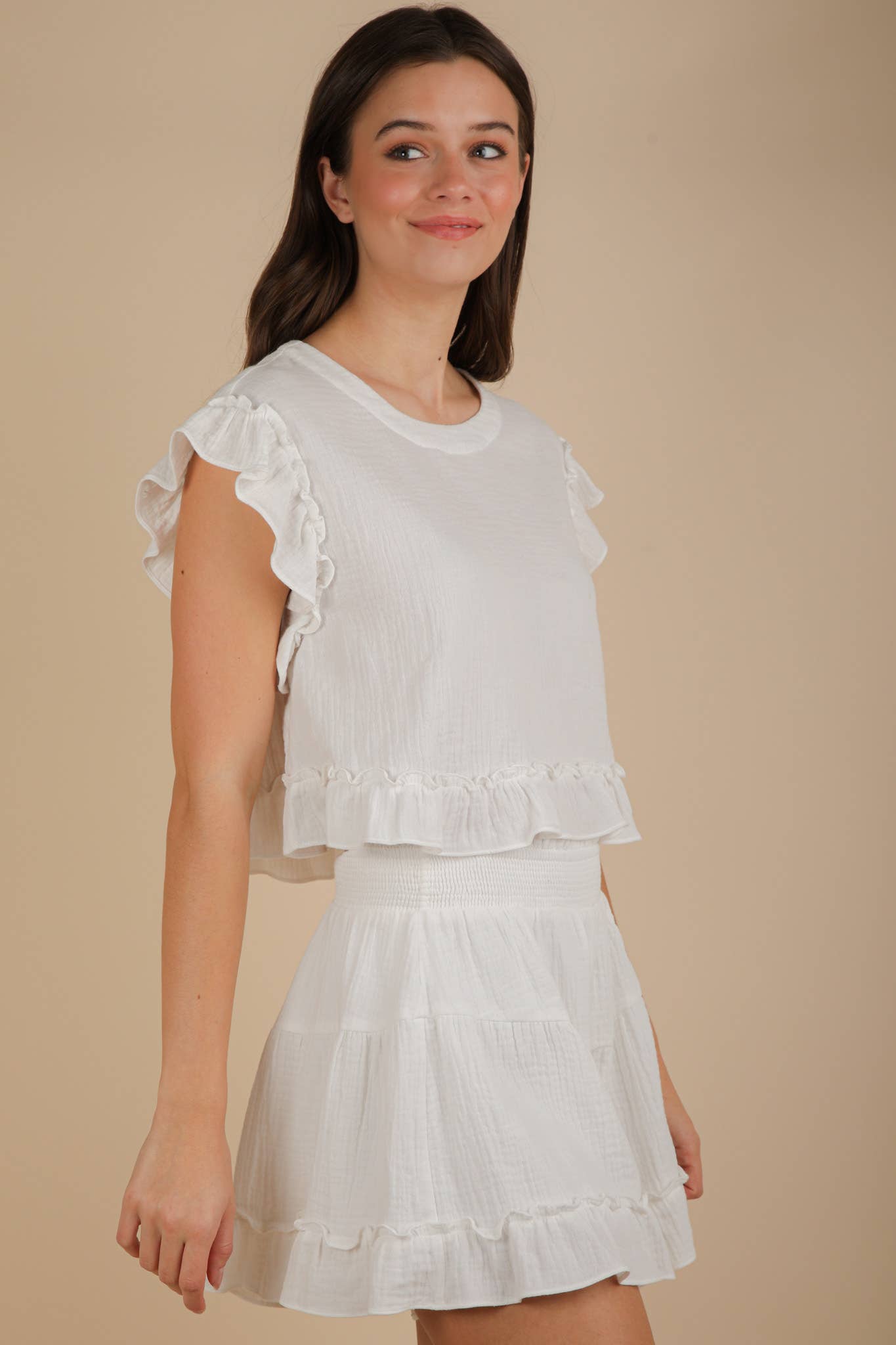 VERY J - Wholesale Top & Short Set (NOT Loungewear) - Women's - NT12150SET-Ruffled Solid Woven Top & Shorts Set22