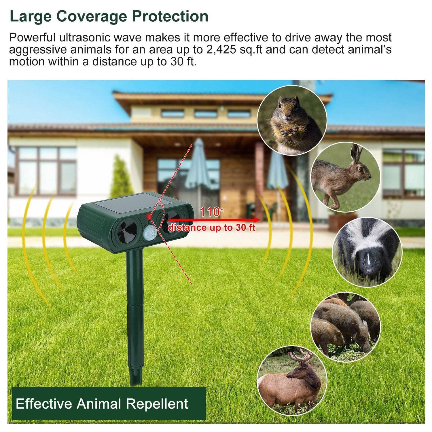 Green Ultrasonic Animal Repeller Solar Powered Motion Sensor Repellent IPX4 Waterproof Outdoor For Farm Garden Yard Repelling Deer Raccoon Cat Dog Rabbit Squirrel Bird for wholesale on Faire3