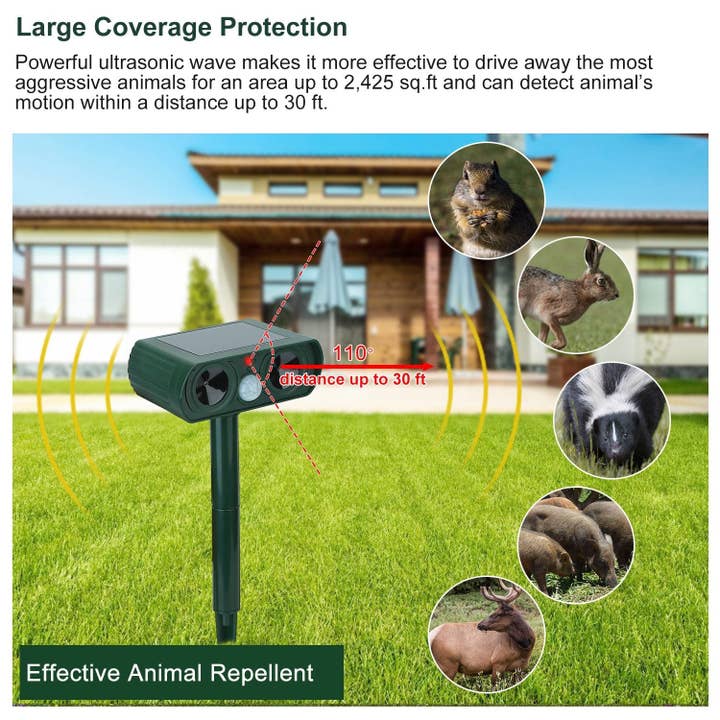 Green Ultrasonic Animal Repeller Solar Powered Motion Sensor Repellent IPX4 Waterproof Outdoor For Farm Garden Yard Repelling Deer Raccoon Cat Dog Rabbit Squirrel Bird for wholesale on Faire3