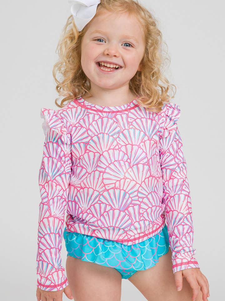 Girls Pink Magical Mermaids Flutter Long Sleeve Rash Guard Skirted 2-Piece Swimsuit
for wholesale on Faire0