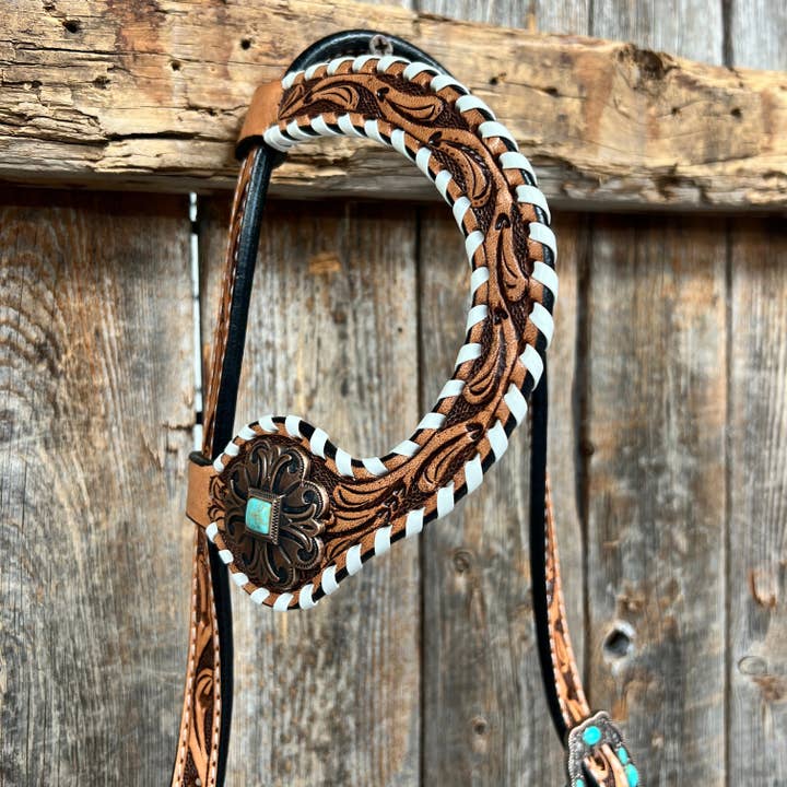 Rodeo Drive - Vendita all'ingrosso Attrezzatura da equitazione - Testiera con frontriera, una orecchia e pettorale in stile whipstitch rame e turchese / Set uncinetto Una Orecchia #BBBC4196