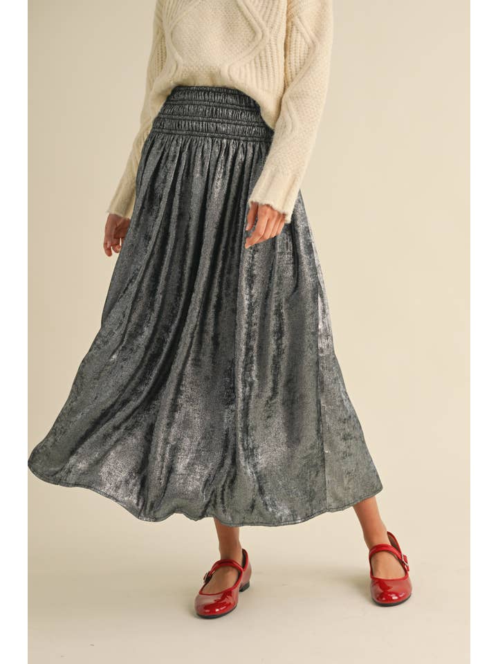 MIOU MUSE - Wholesale Skirt - Women's - S3916 METALLIC FABRIC SMOCKING WAIST SKIRT