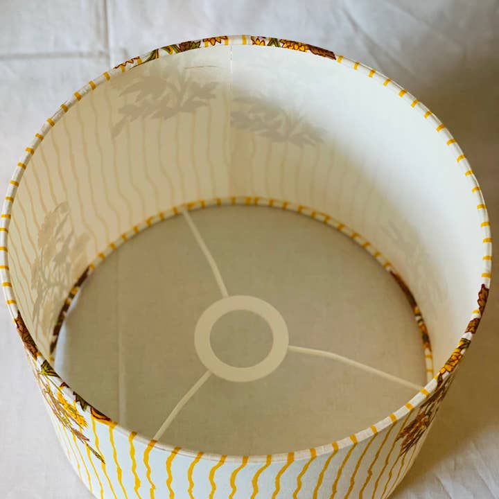 Olive and Limpet - Wholesale Lamp Shade - 10 inch Drum Lampshade. Indian Block print from Jaipur. Harvest Gold, Ginger, and Olive Floral Stripe.1