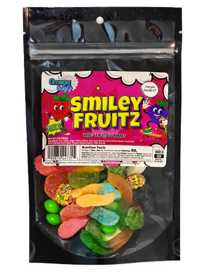 Omega Bursts Smiley Fruitz – Bonbons Gélifiés aux Fruits Mixtes (5 oz) | Mélange de Bonbons Sucrés & Juteux pour la vente par Fiesta Snacks