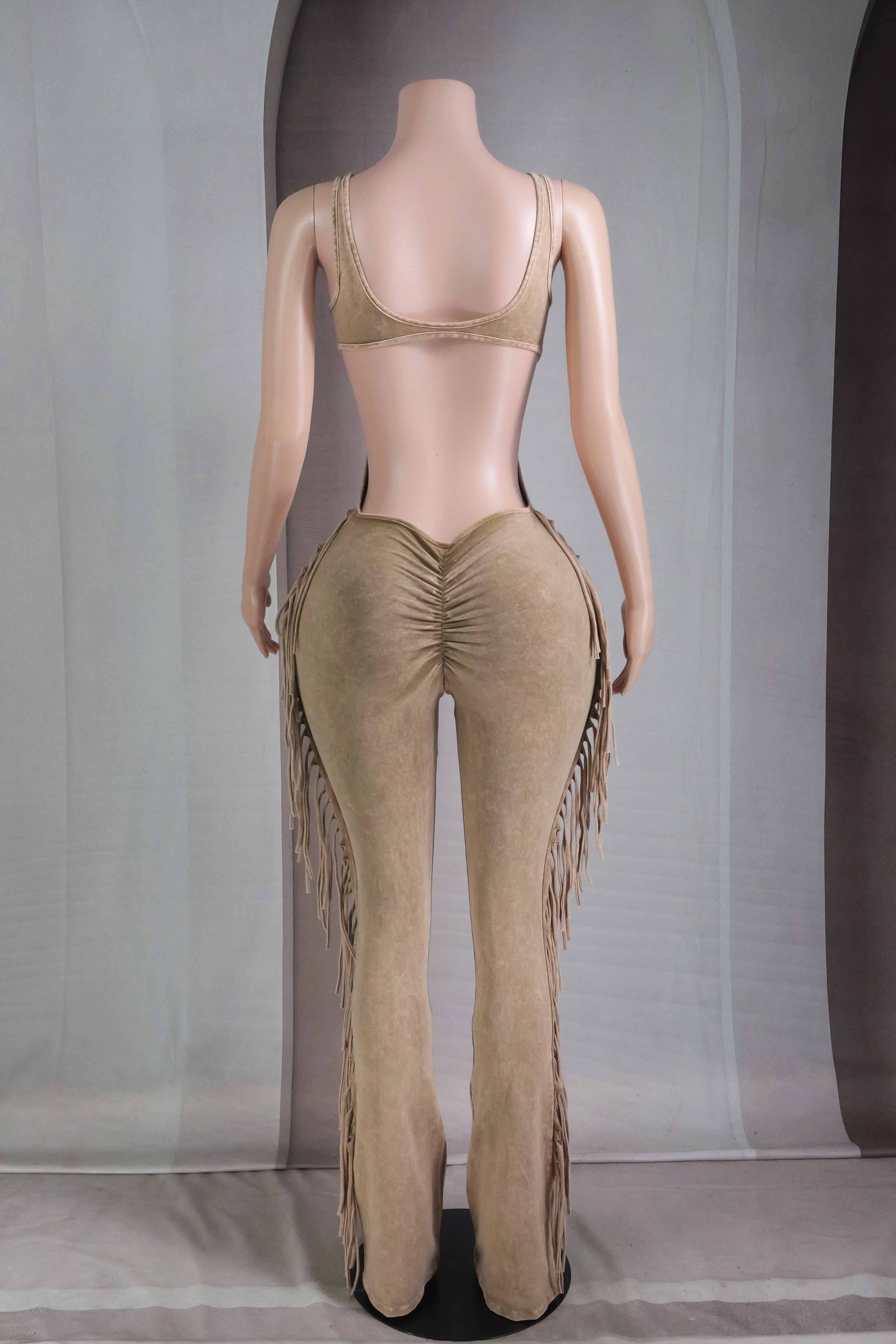 Cocoa Cream MINERAL WASH FRINGE OPEN BACK JUMPSUIT for wholesale on Faire3