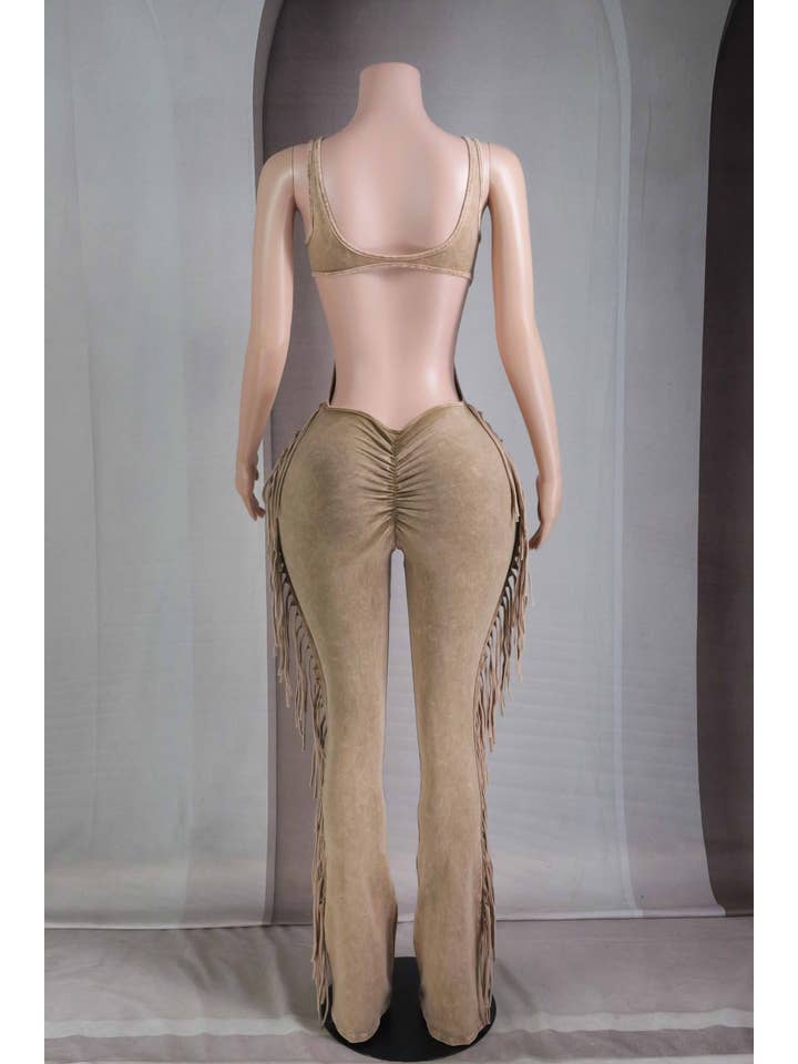 Cocoa Cream MINERAL WASH FRINGE OPEN BACK JUMPSUIT for wholesale on Faire3