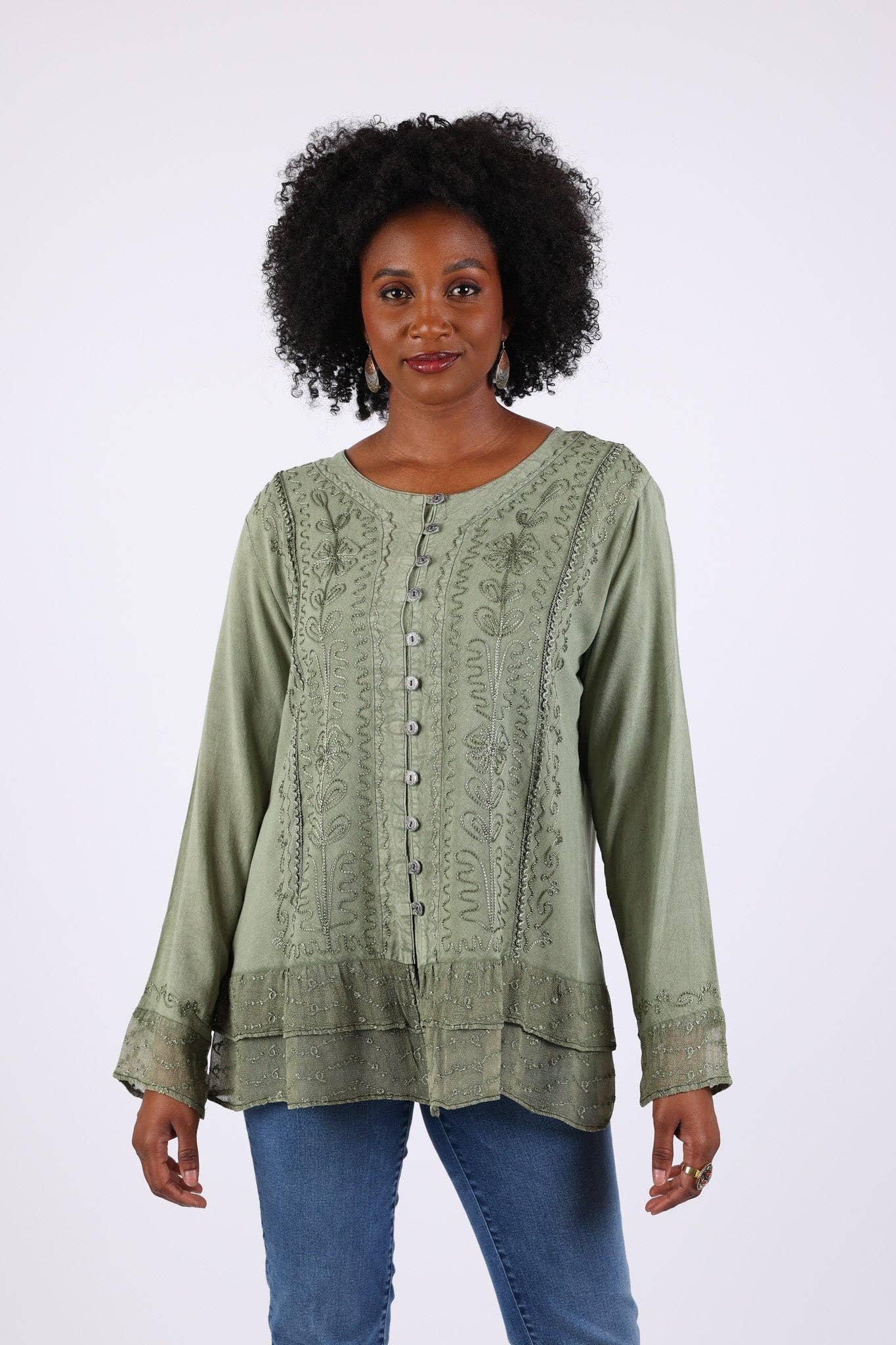 Sacred Threads - Wholesale Button Down Shirt - Women's - Vintage Fall Boho Stonewashed Top: Embroidered Shirt5