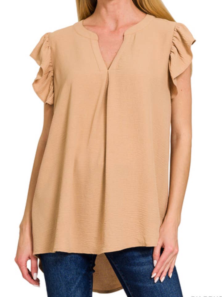 Dark Brush - Ruffled Sleeve High Low Top for wholesale by Tipsy Cowpoke