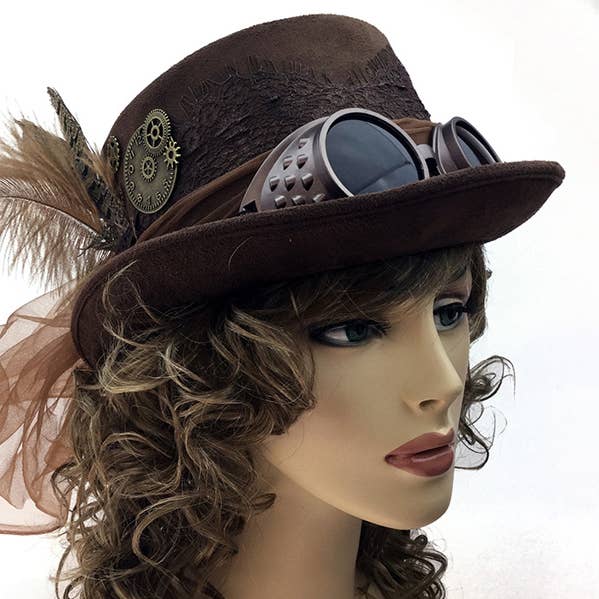 Cappello a Cilindro con Occhiali Steampunk Marroni per la vendita all'ingrosso da parte di KBW Global Corp.