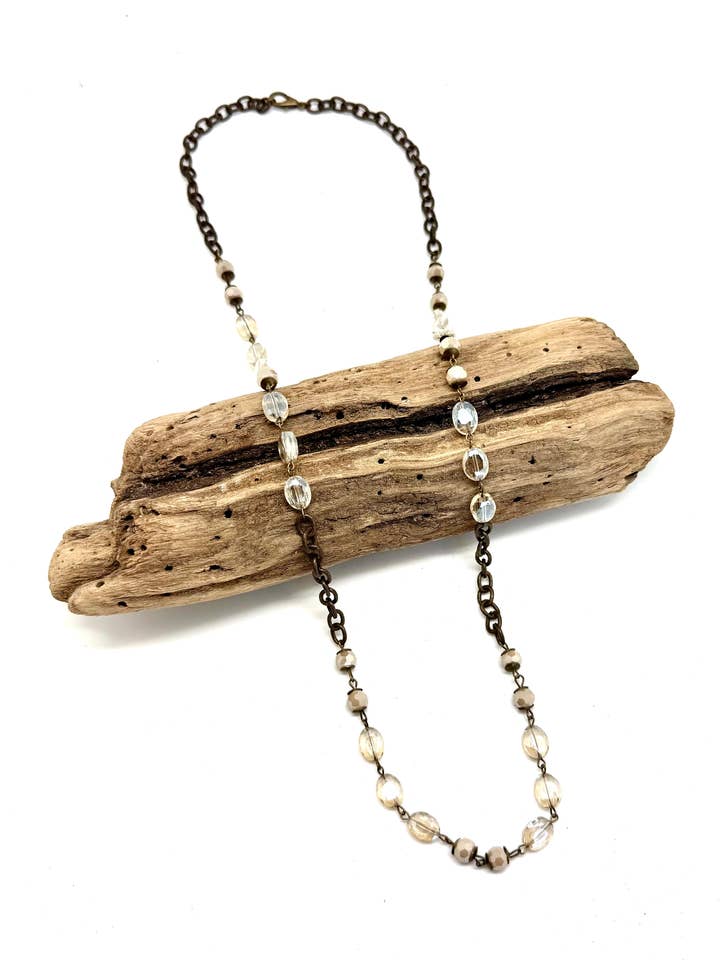 Necklace Champagne Glass(8mm)&Beveled Glass Antique Gold 34” for wholesale by Rant & Rave Classic