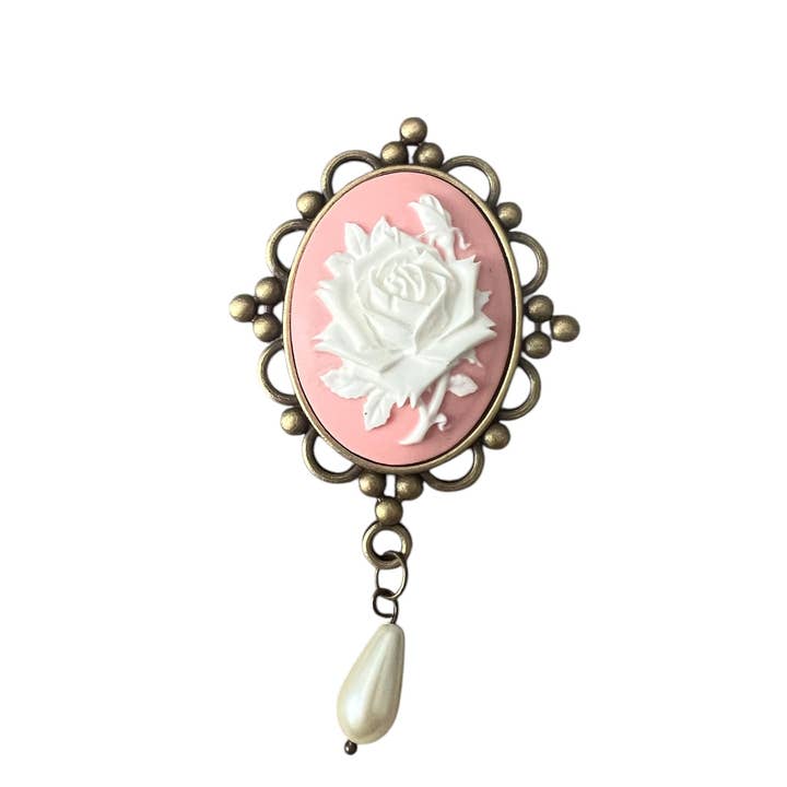 Pink Cameo Rose Brooch with Pearl for wholesale by Flipping Dez LLC